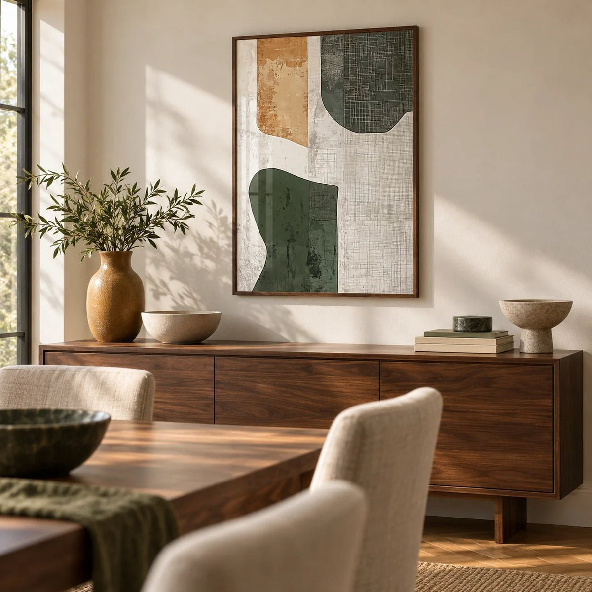 Abstract Art Neutral, framed on the wall of a calm dining room