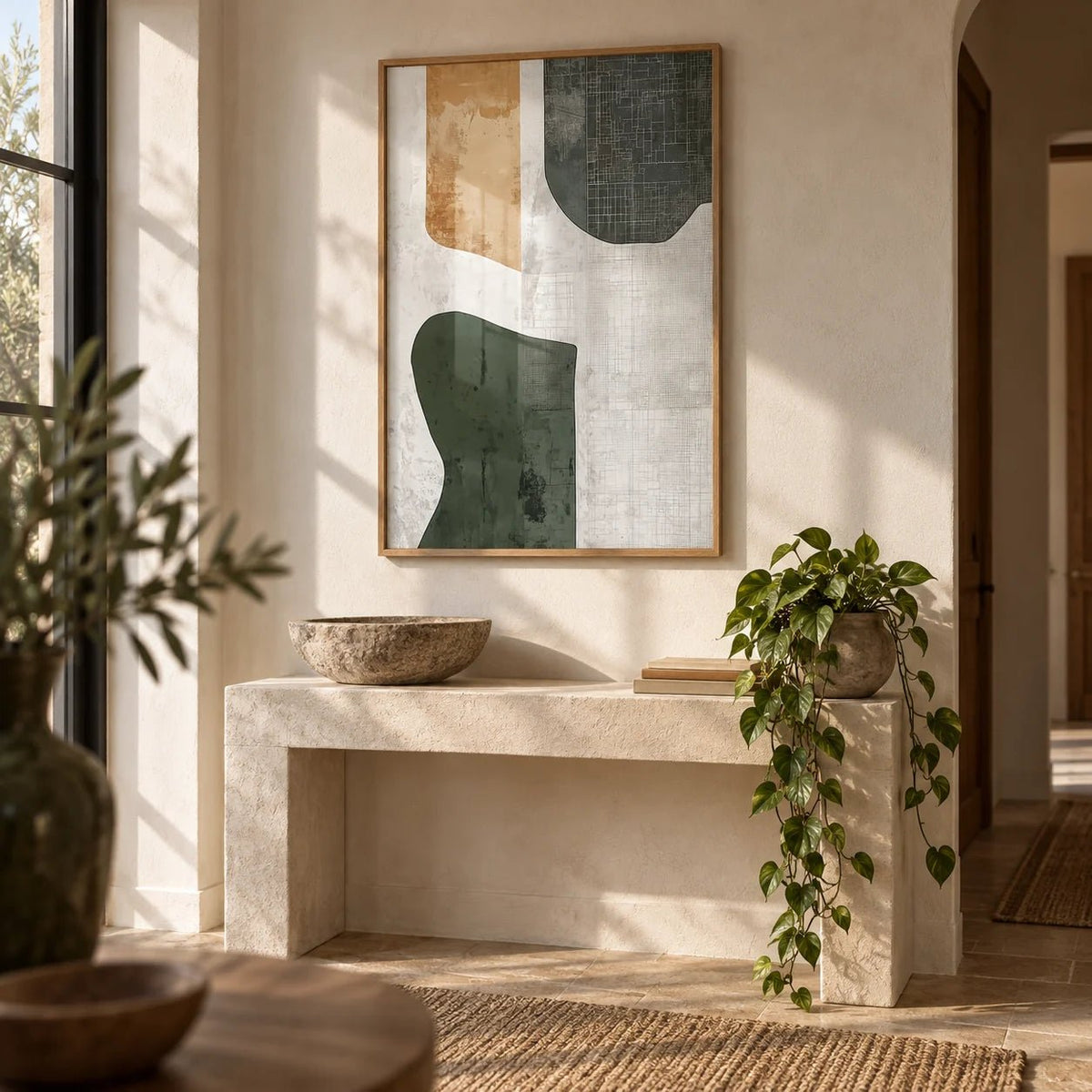 Abstract Art Neutral, framed on the wall of a calm entryway