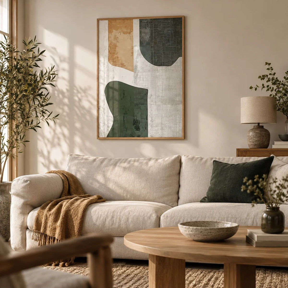 Abstract Art Neutral, framed on the wall of a calm living room