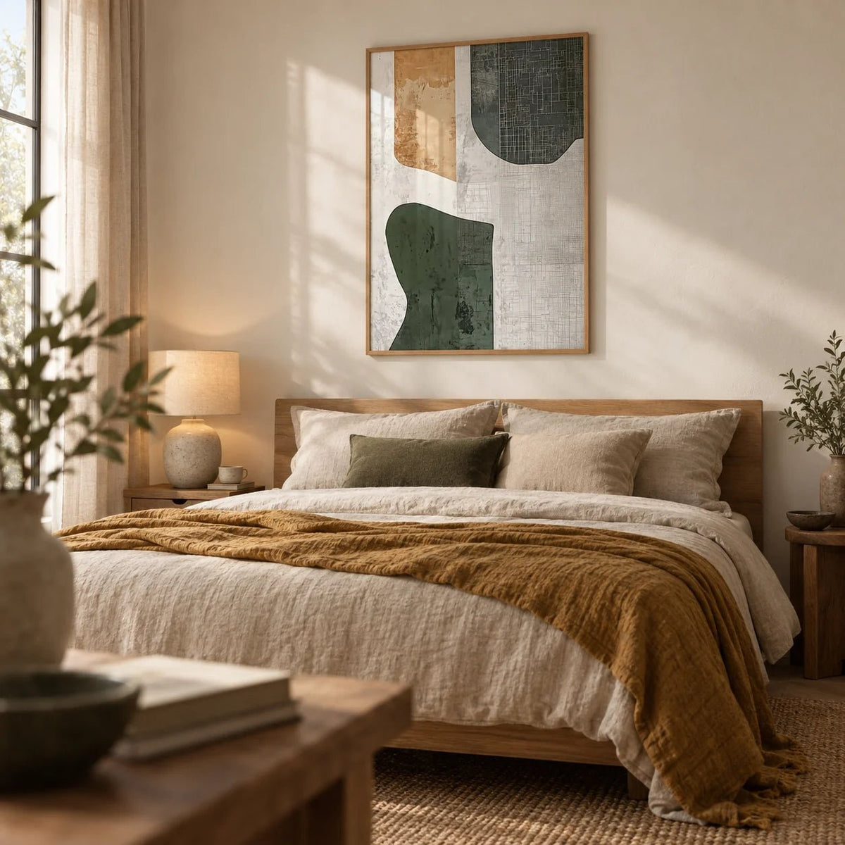 Abstract Art Neutral, framed on the wall of a earthy bedroom
