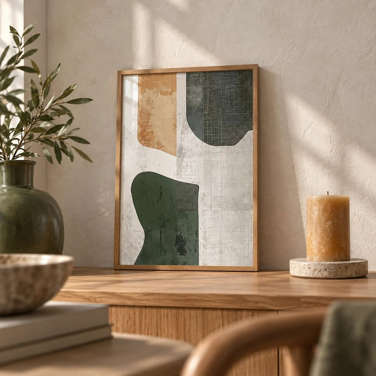 Abstract Art Neutral, a small A4 framed print leaning on an oak shelf in a living room