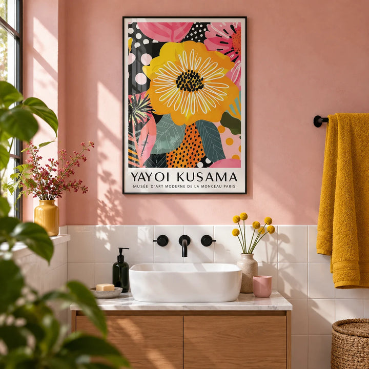 Abstract Art of Flowers, framed on the wall of a bold modern bathroom with a soft pink plaster wall and plain white tiles below