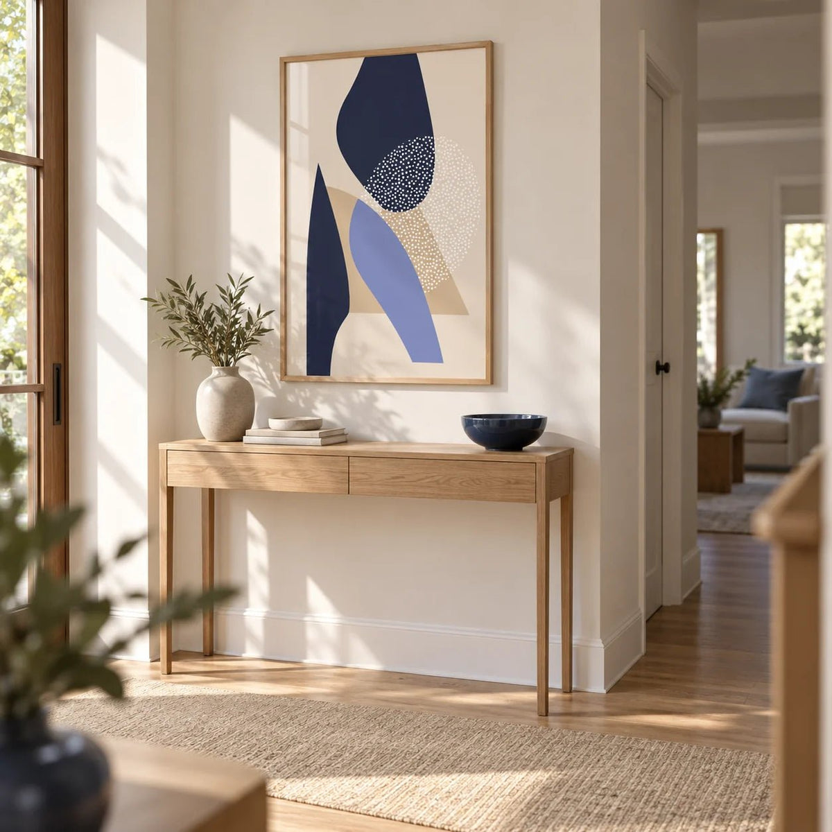 Abstract Art Poster, framed on the wall of a bright modern hallway