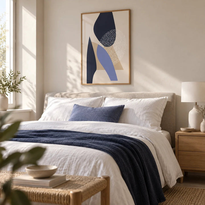 Abstract Art Poster, framed on the wall of a calm modern bedroom