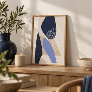 Abstract Art Poster, a small A4 framed print leaning on an oak shelf in a living room
