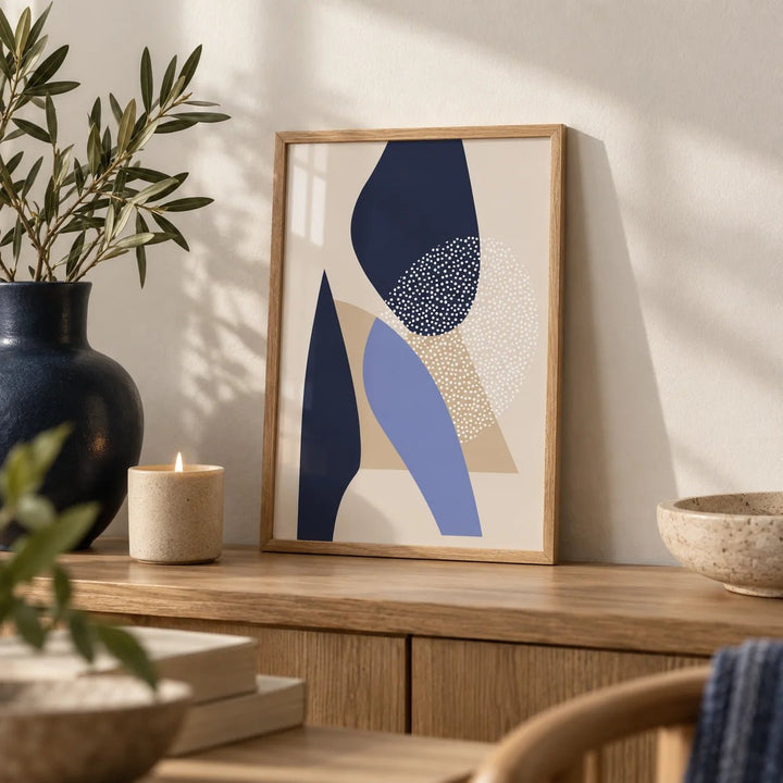 Abstract Art Poster, a small A4 framed print leaning on an oak shelf in a living room