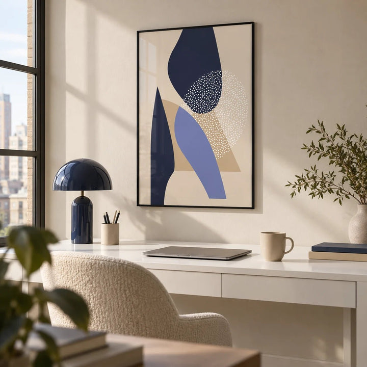 Abstract Art Poster, framed on the wall of a stylish home office in a city flat