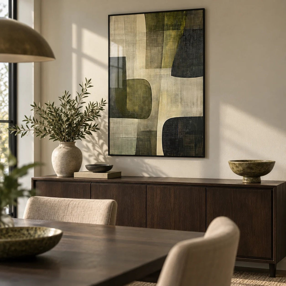 Abstract Art Print, framed on the wall of a calm dining room