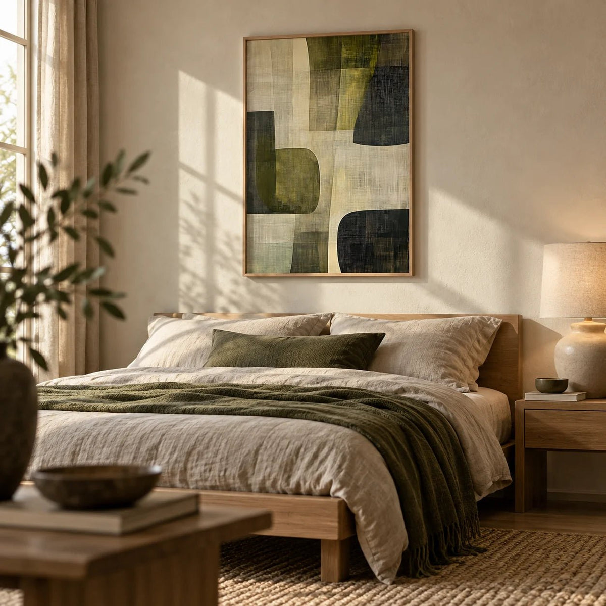 Abstract Art Print, framed on the wall of a earthy bedroom