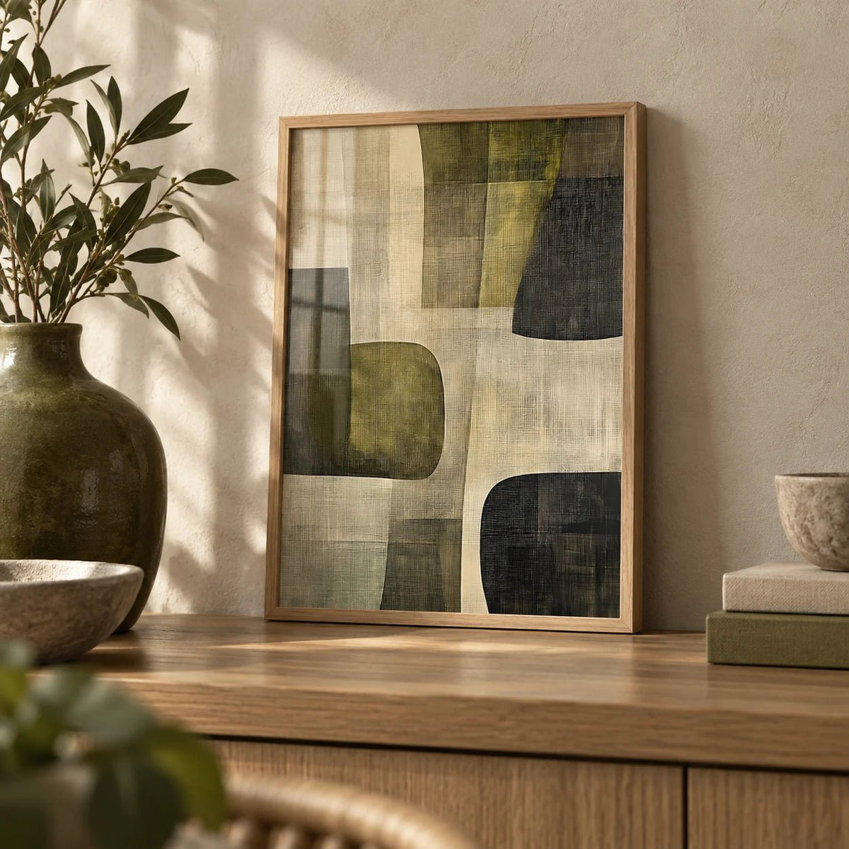Abstract Art Print, a small A4 framed print leaning on an oak shelf in a living room