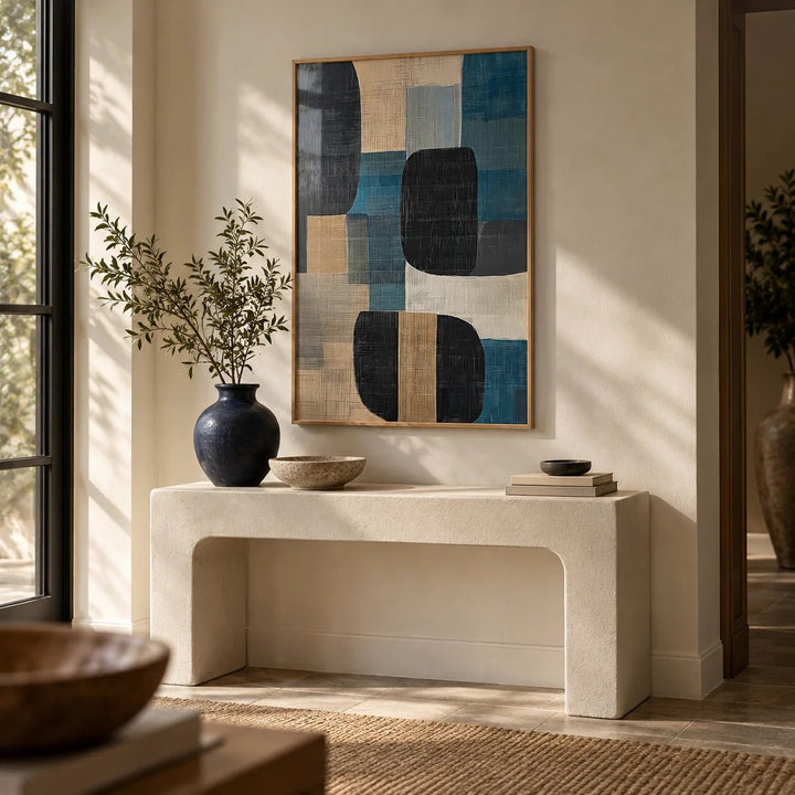 Abstract Art Prints for Sale, framed on the wall of a calm entryway