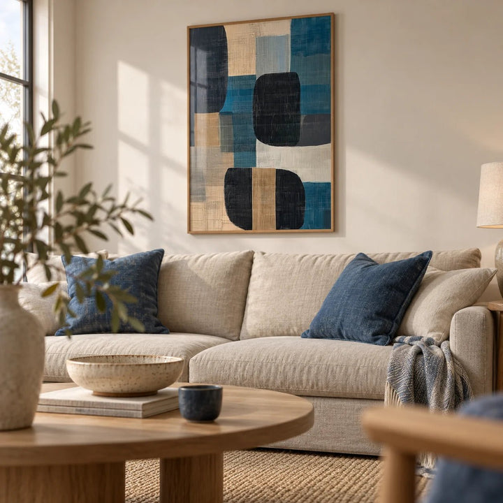 Abstract Art Prints for Sale, framed on the wall of a calm living room