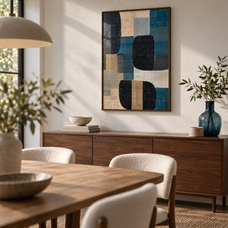 Abstract Art Prints for Sale, framed on the wall of a modern dining room