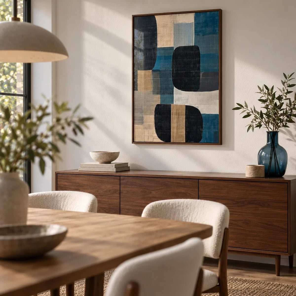 Abstract Art Prints for Sale, framed on the wall of a modern dining room