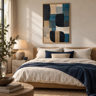 Abstract Art Prints for Sale, framed on the wall of a serene bedroom