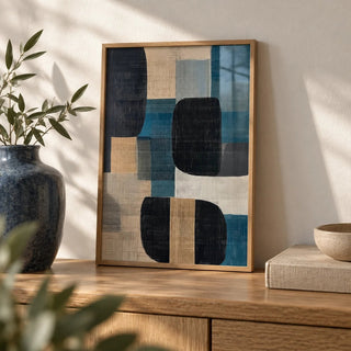 Abstract Art Prints for Sale, a small A4 framed print leaning on an oak shelf in a living room