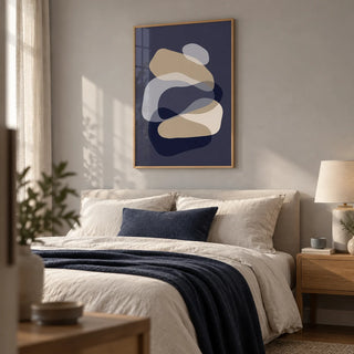 Abstract Art Shapes, framed on the wall of a calm bedroom with a soft grey wall