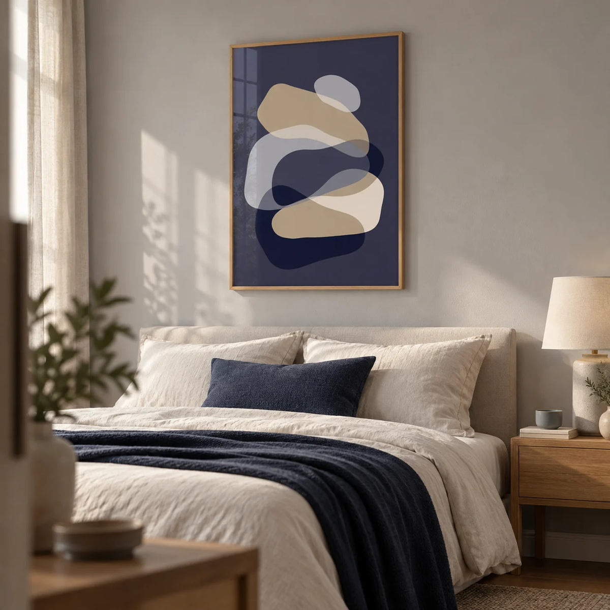 Abstract Art Shapes, framed on the wall of a calm bedroom with a soft grey wall