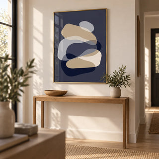 Abstract Art Shapes, framed on the wall of a calm hallway with a warm white wall