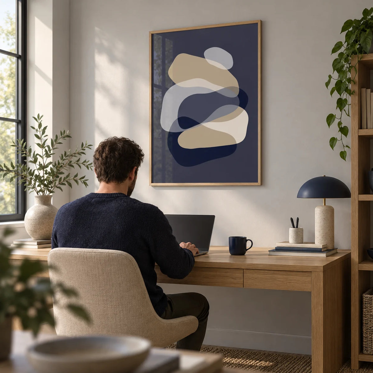 Abstract Art Shapes, framed on the wall of a modern home office with a pale grey wall