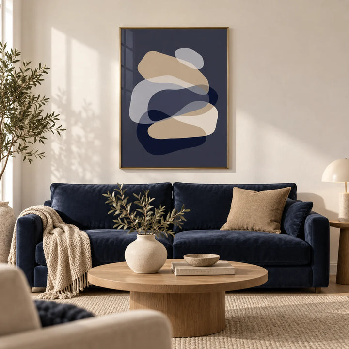 Abstract Art Shapes, framed on the wall of a modern living room with a warm white wall and a light oak floor