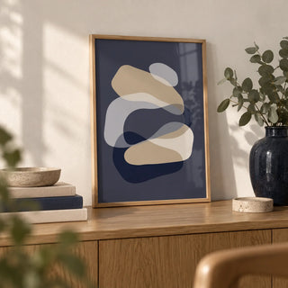 Abstract Art Shapes, a small A4 framed print leaning on an oak sideboard in a living room