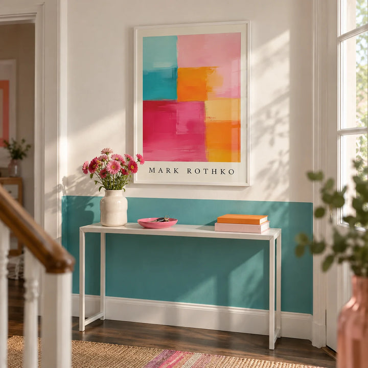 Abstract Art with Pink, framed on the wall of a bright hallway with a turquoise painted lower wall and a white upper wall