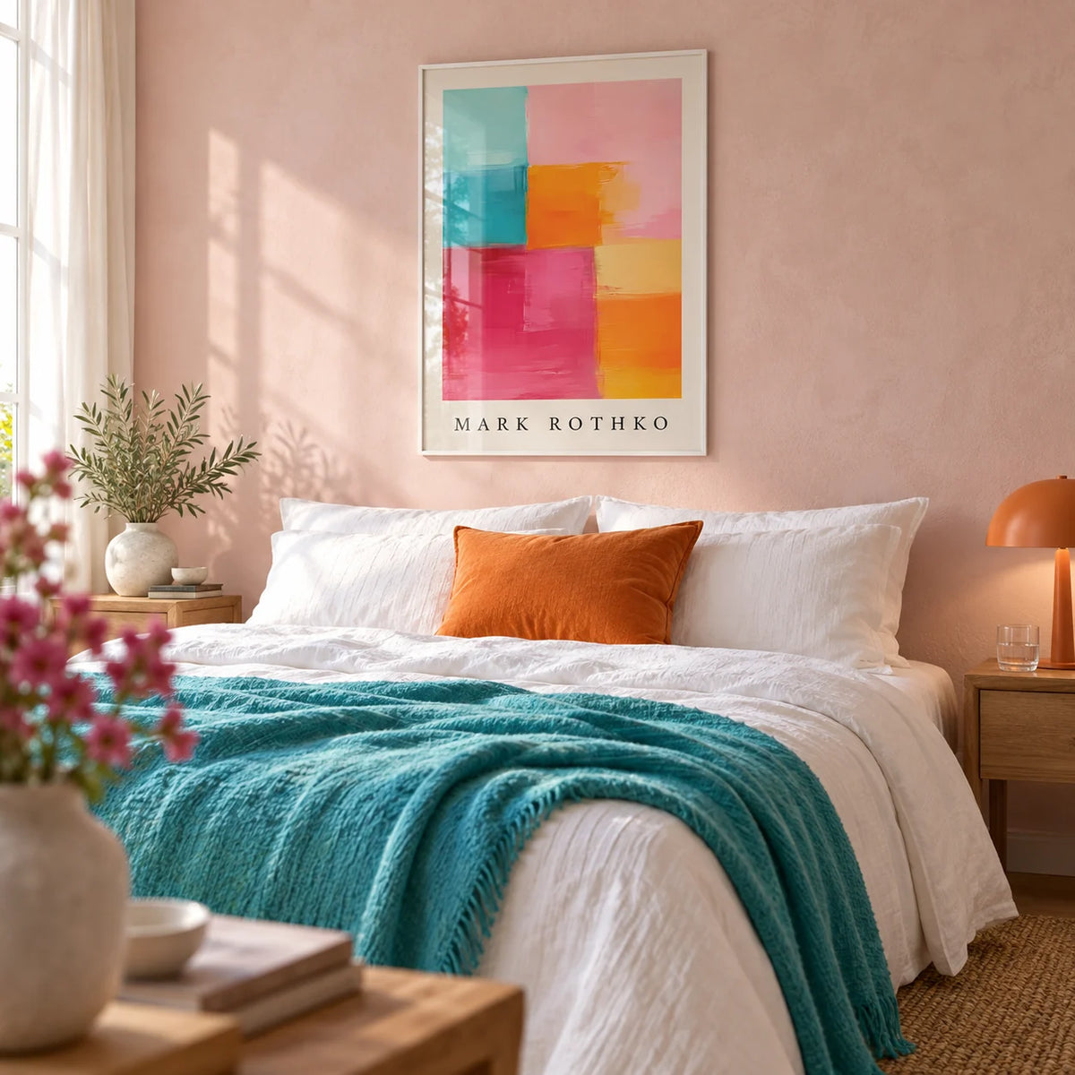 Abstract Art with Pink, framed on the wall of a fresh modern bedroom with a pale pink limewashed wall