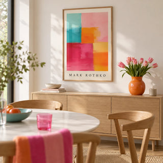 Abstract Art with Pink, framed on the wall of a modern dining room with a soft white wall