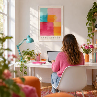 Abstract Art with Pink, framed on the wall of a playful home office with a white wall
