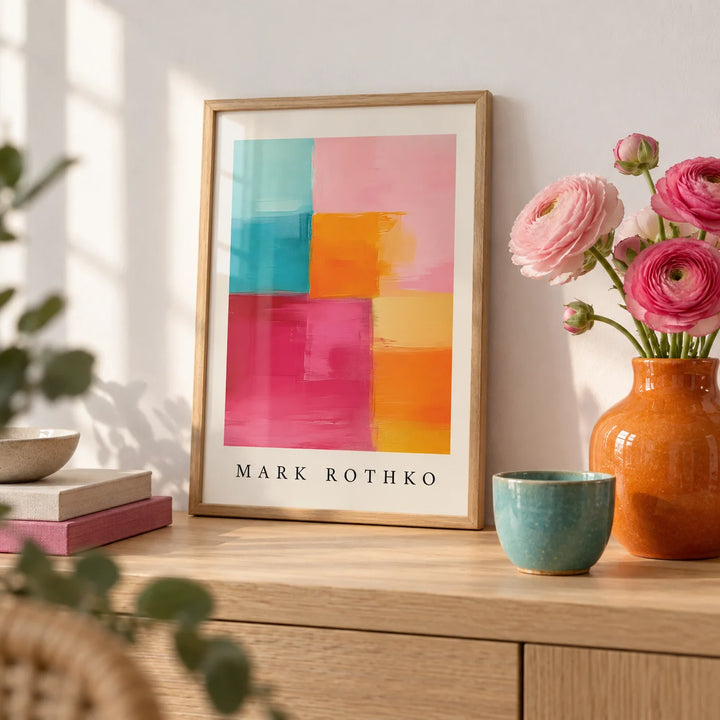 Abstract Art with Pink, a small A4 framed print leaning on a pale oak shelf in a living room