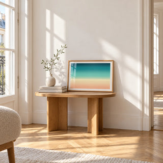 Abstract Beach Wall Art, a small A4 framed print leaning on a small solid oak side table