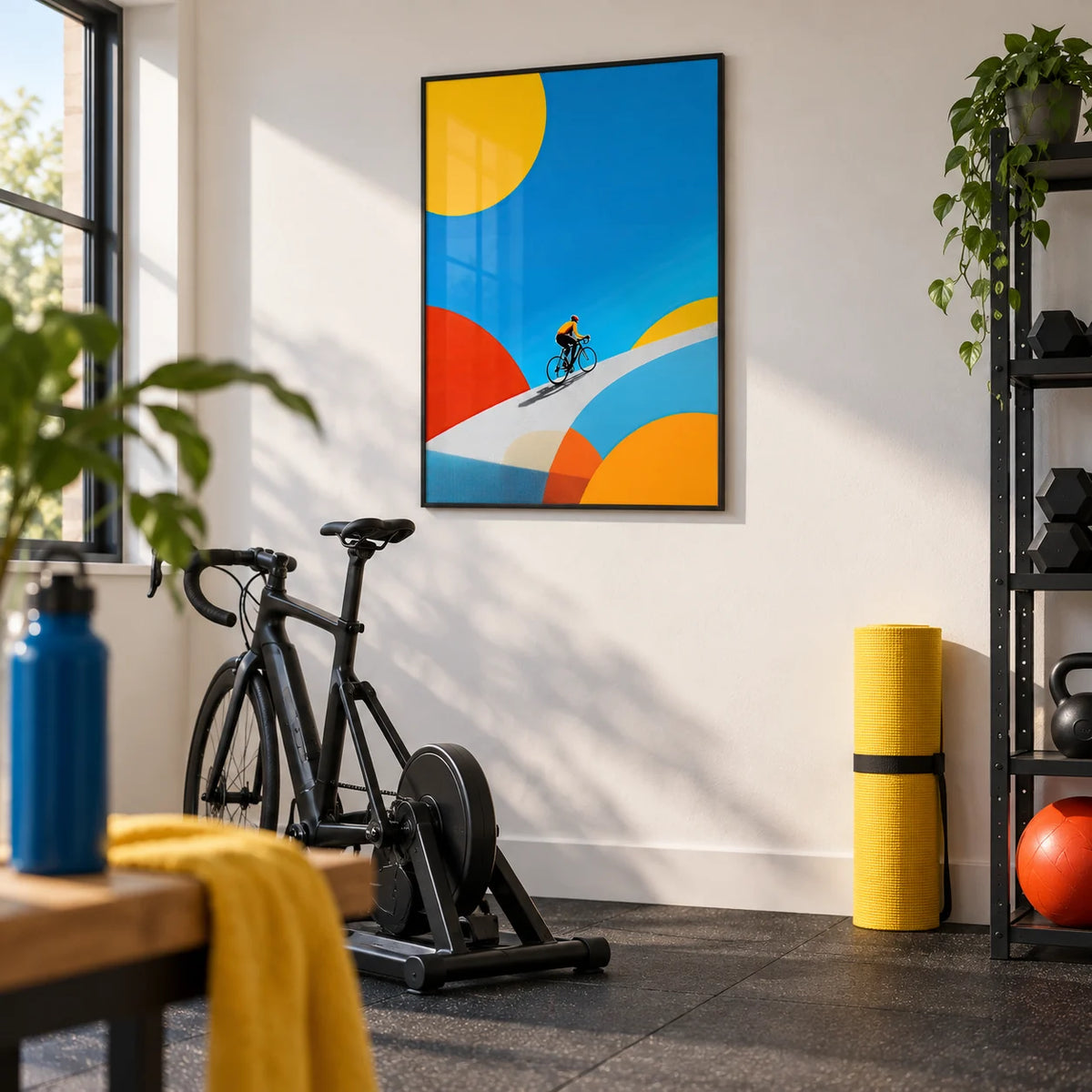 Abstract Bike Poster, framed on the wall of a bright home gym in a garage conversion