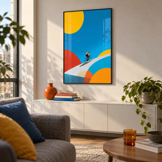 Abstract Bike Poster, framed on the wall of a modern city-flat living room