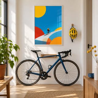 Abstract Bike Poster, framed on the wall of a modern hallway with white walls and a pale oak floor