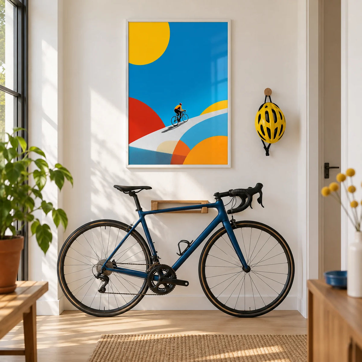 Abstract Bike Poster, framed on the wall of a modern hallway with white walls and a pale oak floor