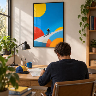 Abstract Bike Poster, framed on the wall of a modern home office