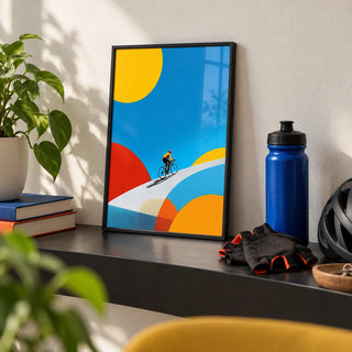 Abstract Bike Poster, a small A4 framed print leaning on a black shelf in a living room