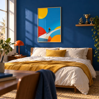 Abstract Bike Poster, framed on the wall of a young adult's bedroom (20-28) with a royal blue painted wall