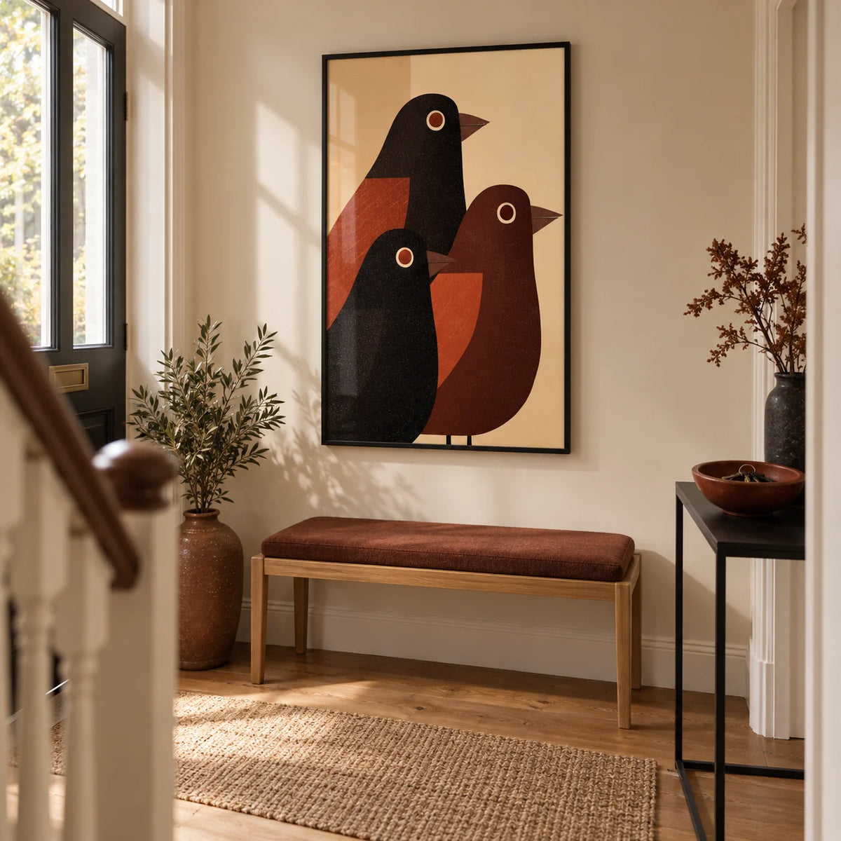 Abstract Bird Wall Art, framed on the wall of a welcoming hallway in a renovated UK terraced house with a pale beige wall and oak floor