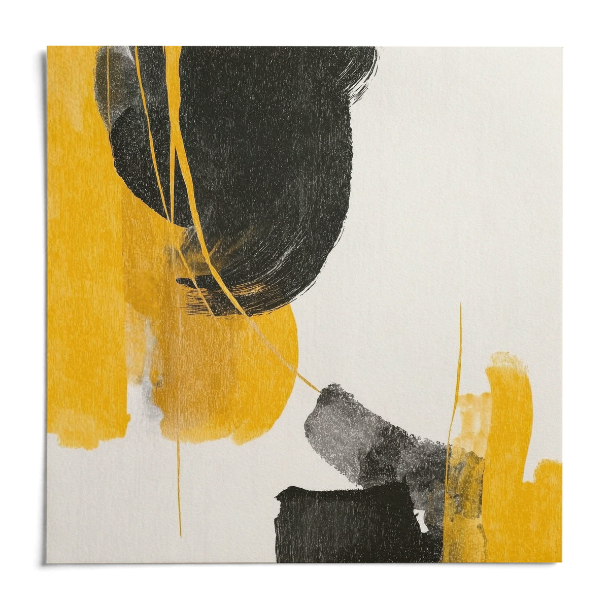 Abstract Black and Yellow Art, shown as an unframed paper print on a plain white background
