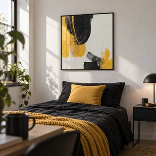 Abstract Black and Yellow Art, framed on the wall of a young man's single bedroom (18-25) with a white wall