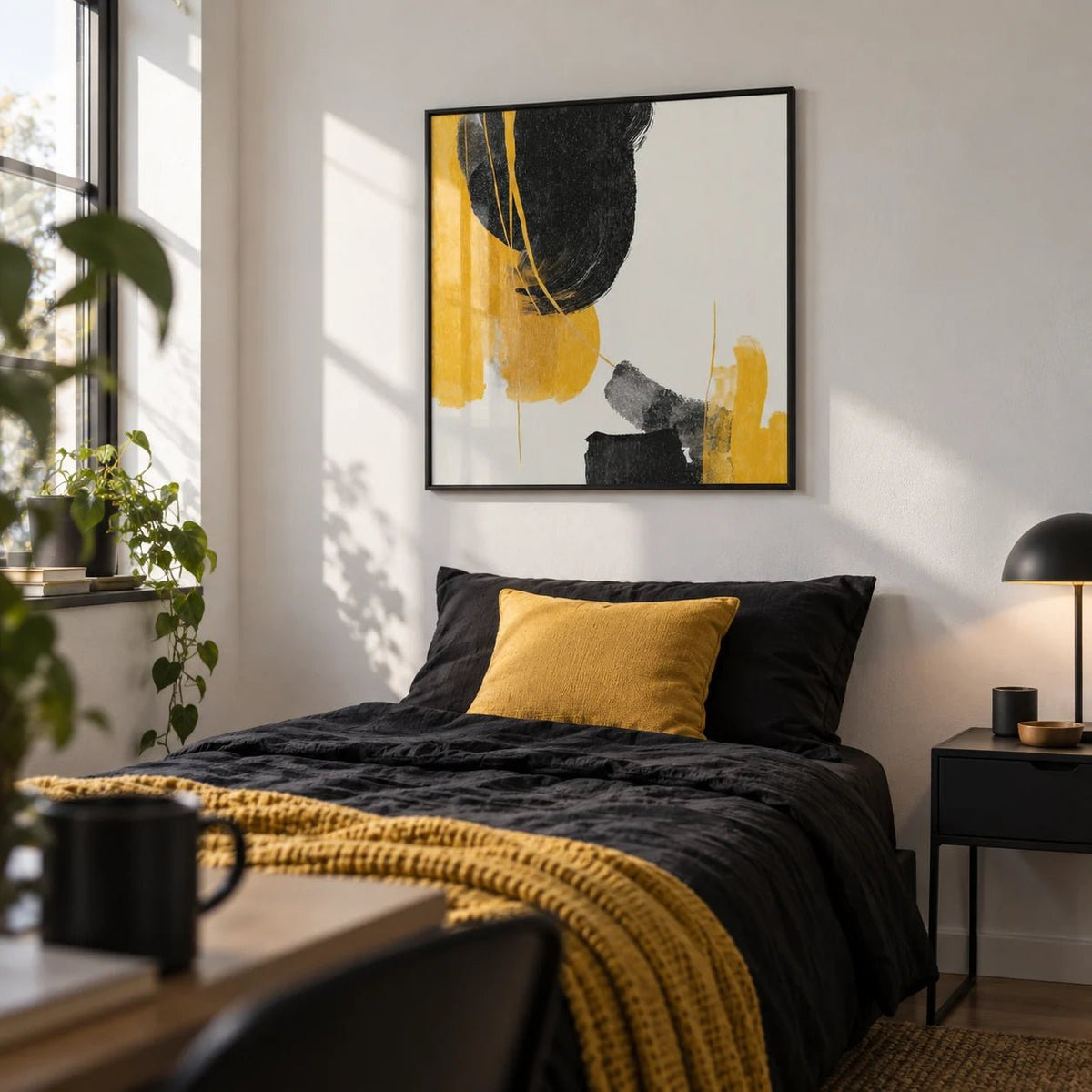 Abstract Black and Yellow Art, framed on the wall of a young man's single bedroom (18-25) with a white wall