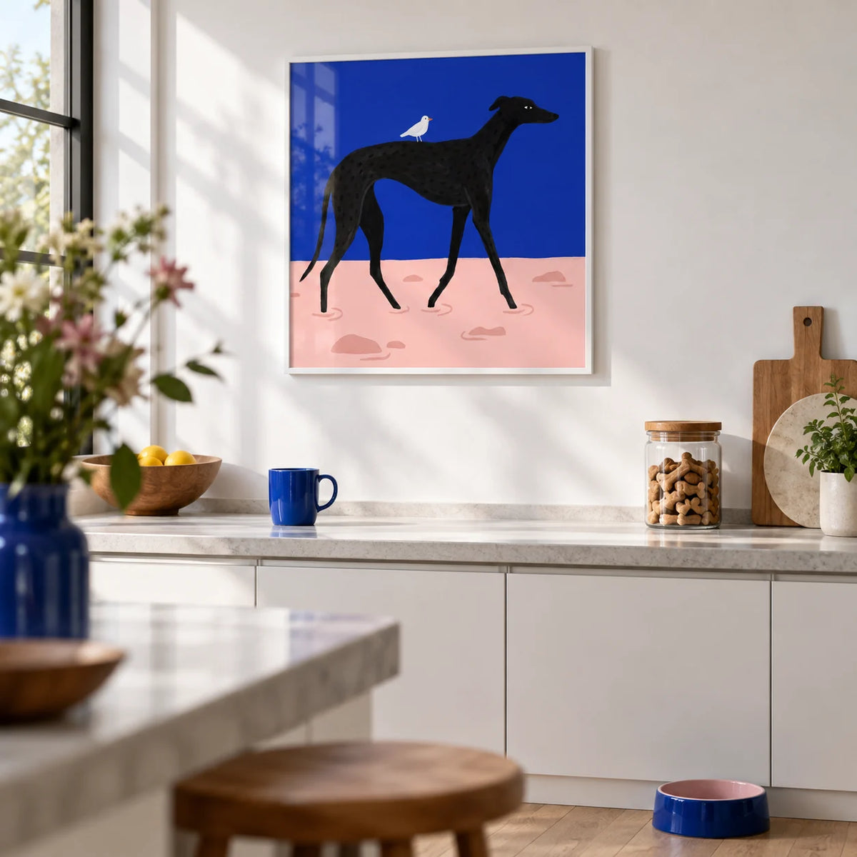 Abstract Black Dog Poster, framed on the wall of a crisp modern kitchen with a white wall