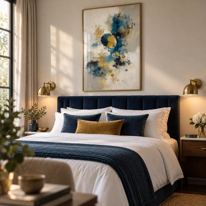 Abstract Blue Gold Wall Art, framed on the wall of a boutique hotel style bedroom