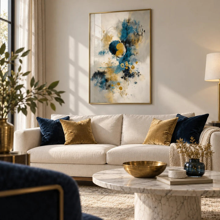 Abstract Blue Gold Wall Art, framed on the wall of a elegant living room