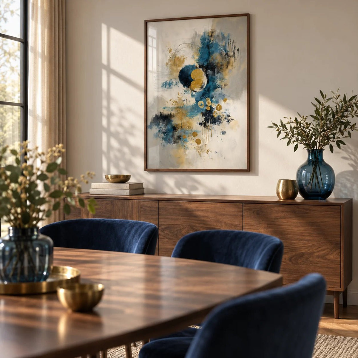 Abstract Blue Gold Wall Art, framed on the wall of a refined dining room