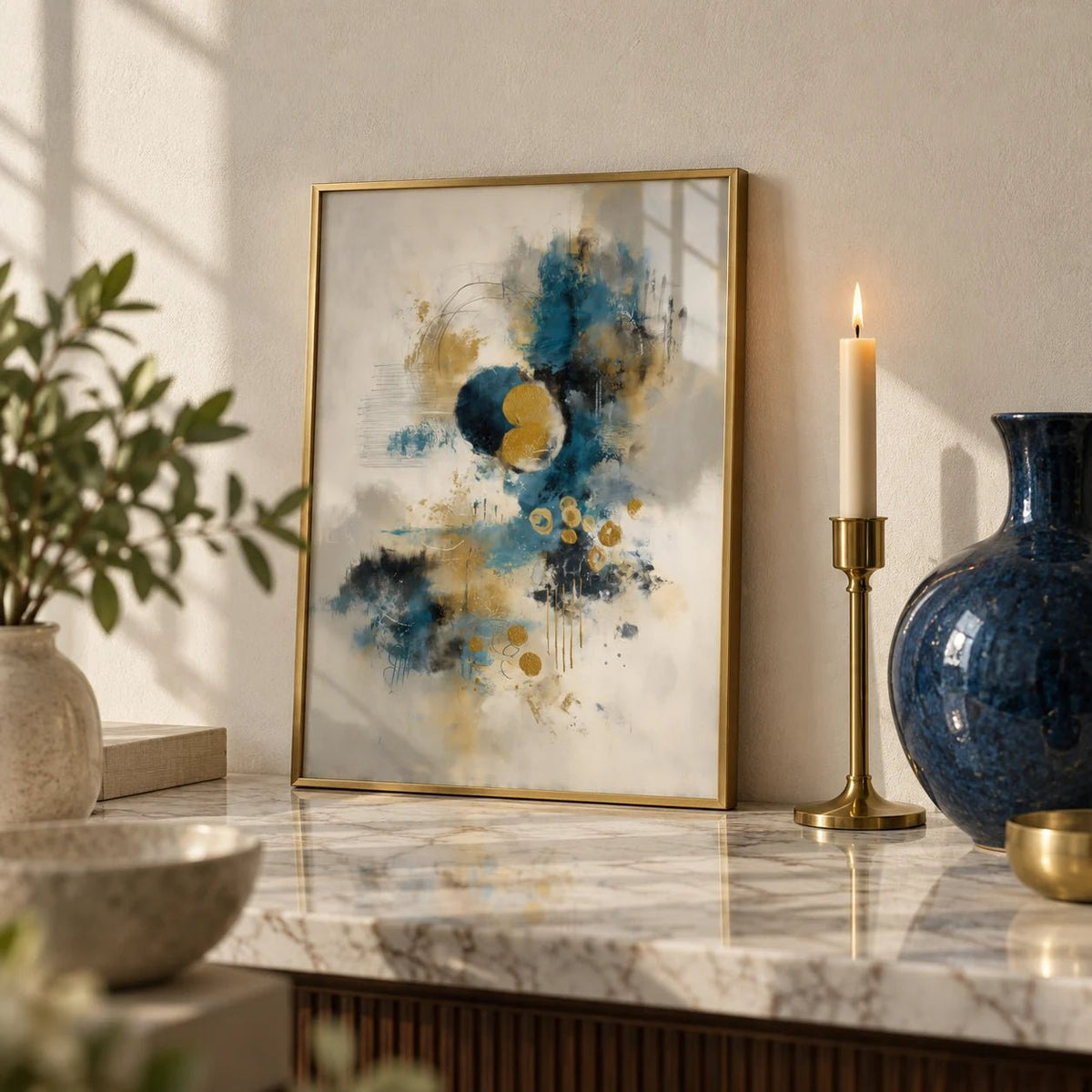 Abstract Blue Gold Wall Art, a small A4 framed print leaning on a marble side table in a hallway