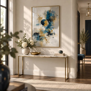 Abstract Blue Gold Wall Art, framed on the wall of a smart hallway