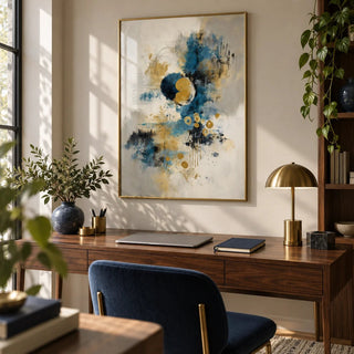 Abstract Blue Gold Wall Art, framed on the wall of a stylish home office